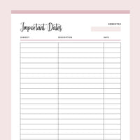 Printable Important Dates List For Students - Pink