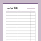 Printable Important Dates List For Students - Purple