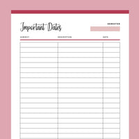 Printable Important Dates List For Students - Red