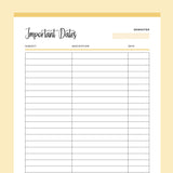 Printable Important Dates List For Students - Yellow