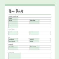 Printable Important Home Details Template - Green