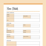 Printable Important Home Details Template - Orange