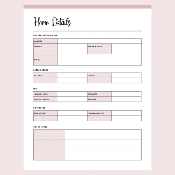 Printable Important Home Details Template
