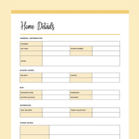 Printable Important Home Details Template - Yellow