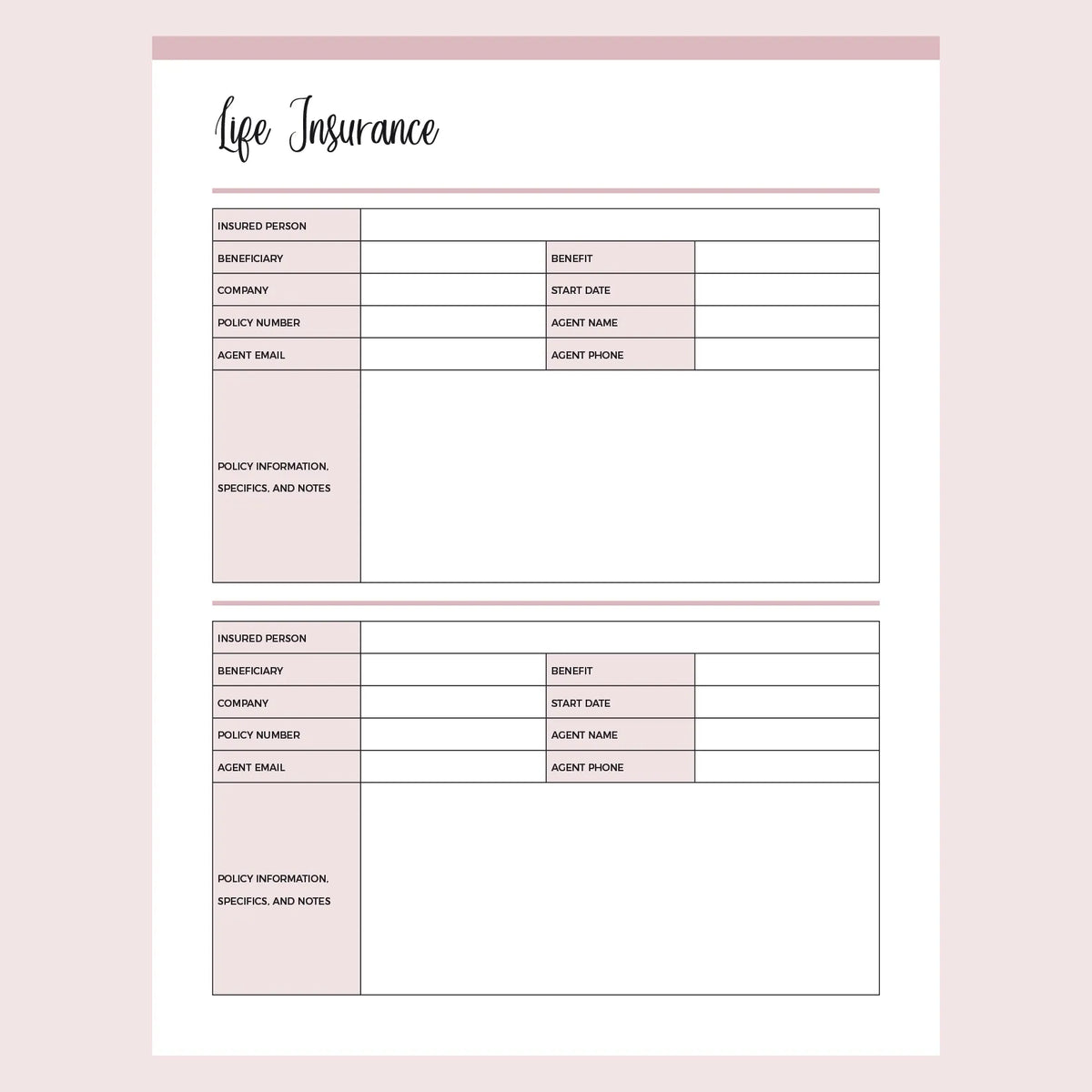 Printable Insurance Information Templates | Instant Download PDF – Plan ...