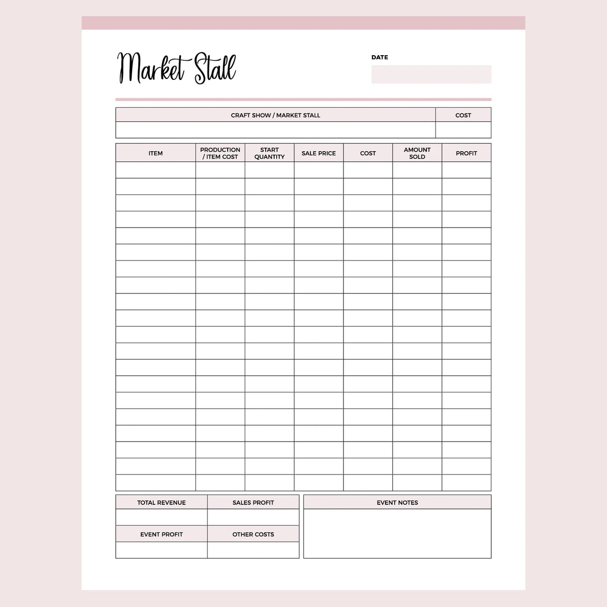 Printable Market Stall Sales Tracker | Instant download PDF | A4 & US ...