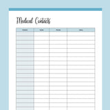 Printable Medical Contacts List - Blue