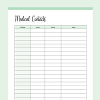 Printable Medical Contacts List - Green