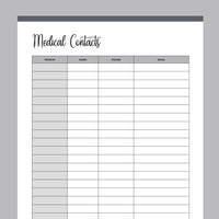 Printable Medical Contacts List - Grey