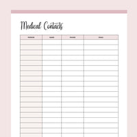Printable Medical Contacts List - Pink