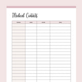 Printable Medical Contacts List - Pink