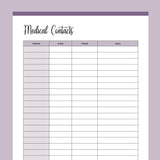 Printable Medical Contacts List - Purple