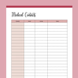 Printable Medical Contacts List - Red