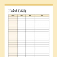Printable Medical Contacts List - Yellow