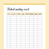 Printable Medical Spending Record - Yellow