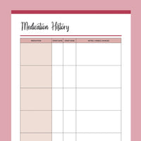 Printable Medication History Template - Red