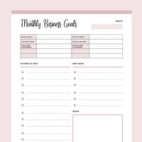 Printable Monthly Business Goals Template - Pink