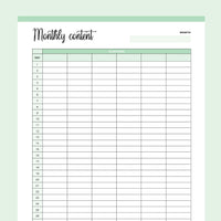 Printable Monthly Content Tracker - Green