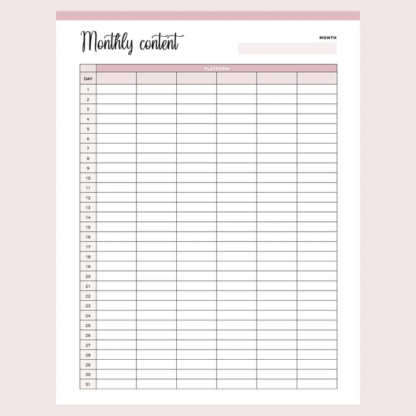 Printable Monthly Content Tracker