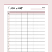 Printable Monthly Content Tracker - Pink