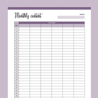Printable Monthly Content Tracker - Purple