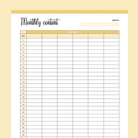 Printable Monthly Content Tracker - Yellow