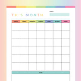Printable Monthly Planner For Kids - Rainbow