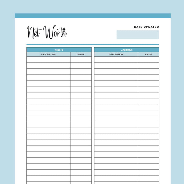 Printable Net Worth Calculator Instant Download PDF Planner Plan