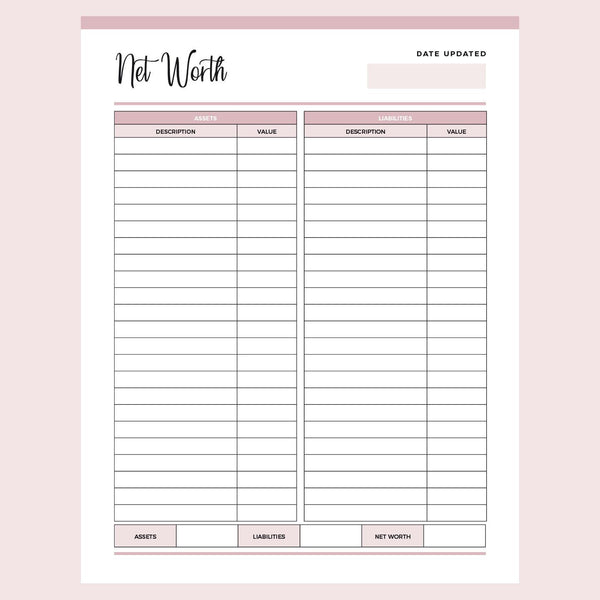Printable Net Worth Calculator Instant Download PDF Planner Plan