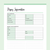 Printable New Puppy Information Template - Green