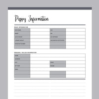 Printable New Puppy Information Template - Grey