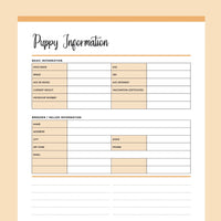 Printable New Puppy Information Template - Orange