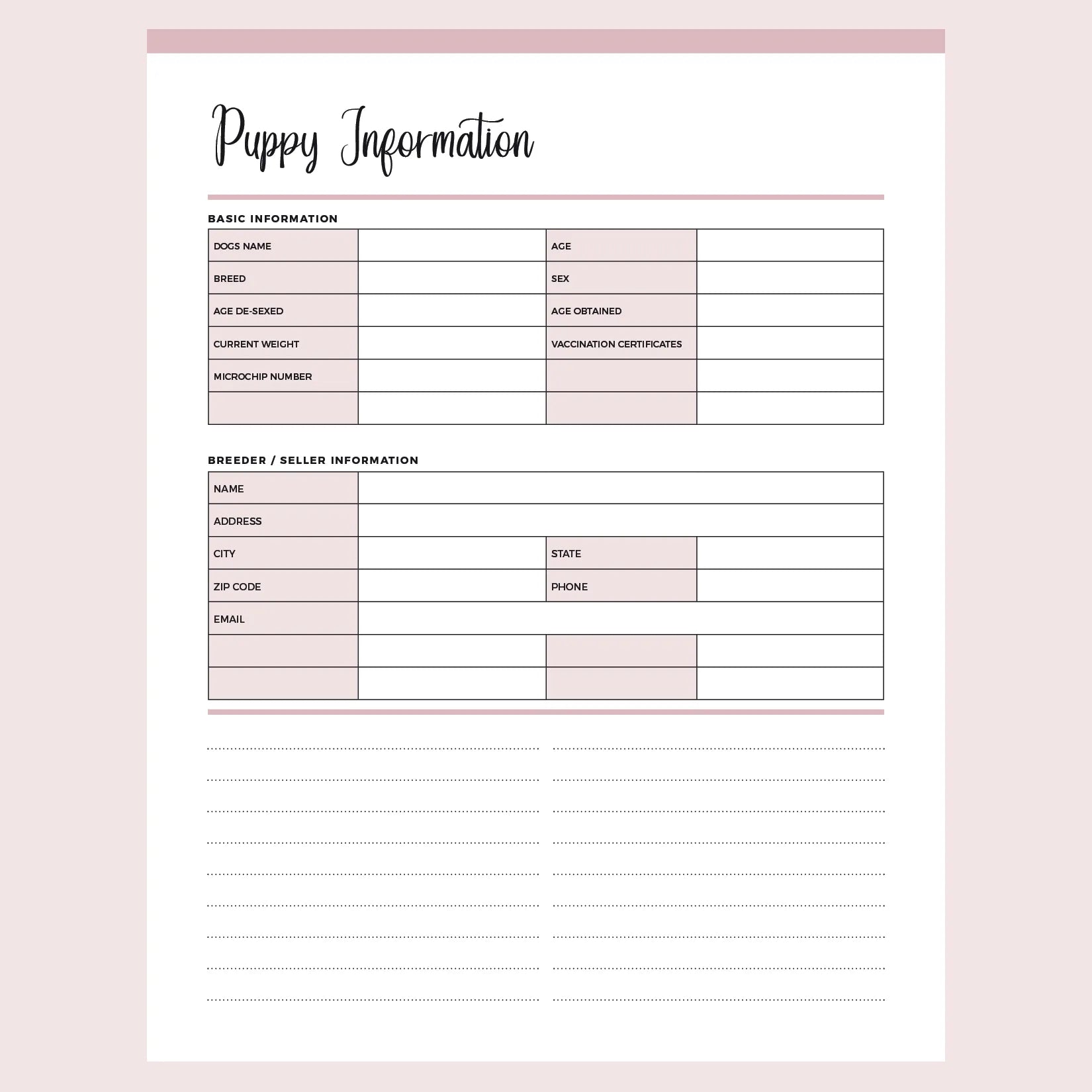 Printable New Puppy Information Template | Instant Download PDF | A4 and US Letter – Plan Print Land printable-new-puppy-information-template-instant-download-pdf-a4-and-us-letter-plan-print-land