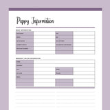 Printable New Puppy Information Template - Purple