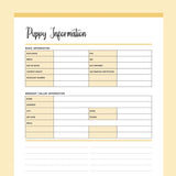 Printable New Puppy Information Template - Yellow