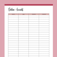 Printable Online Account Password Log - Red