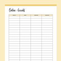 Printable Online Account Password Log - Yellow