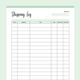 Printable Online Shopping Log - Green