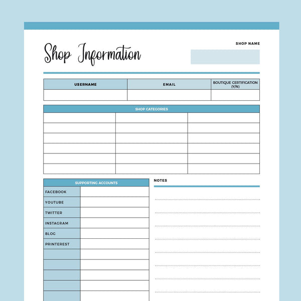 Store Info Card Printable Online Store Information Sheet – Plan Print Land