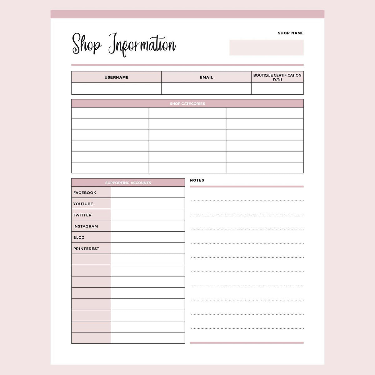 Store Info Card Printable Online Store Information Sheet – Plan Print Land