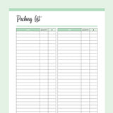 Printable Packing List - Green