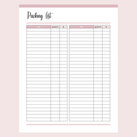 Printable Packing List - Without Categories