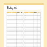 Printable Packing List - Yellow
