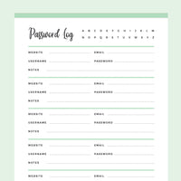 Printable Password Log - Green