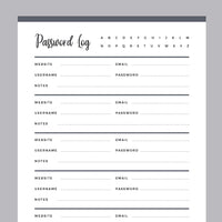 Printable Password Log - Grey