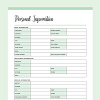 Printable Personal Information Template - Green