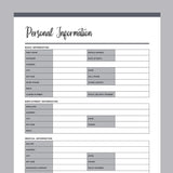 Printable Personal Information Template - Grey