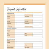 Printable Personal Information Template - Orange