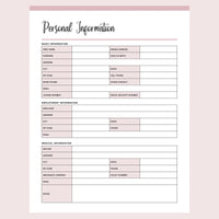 Printable Personal Information Template