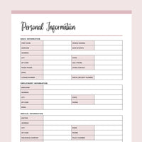 Printable Personal Information Template - Pink